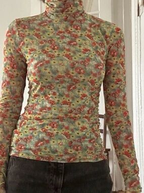 Ganni Floral Turtleneck Long-Sleeve Mesh Top size 38